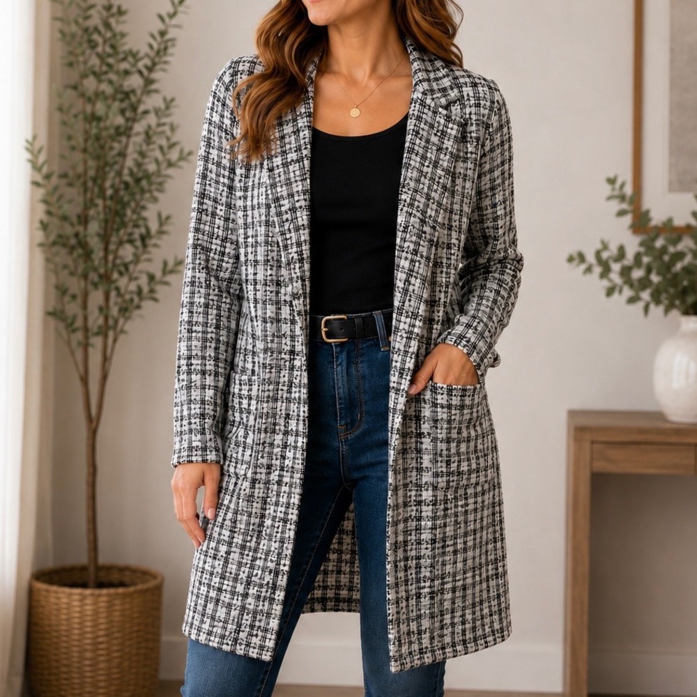Melloday Black White Tweed Open Front Long Cardigan‎ Jacket Women's Small